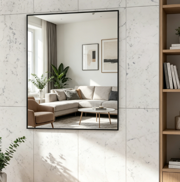 Rectangle Wall Mirror with Black Metal Frame, 20 x 16 Inches, Horizontal or Vertical Mount, for Bathroom, Entrance, Bedroom