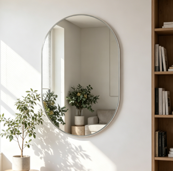 Wall Mounted Oval Pill Mirror, Silver Metal Frame, 20 x 30 Inches, for Over Sink Bathroom Decor